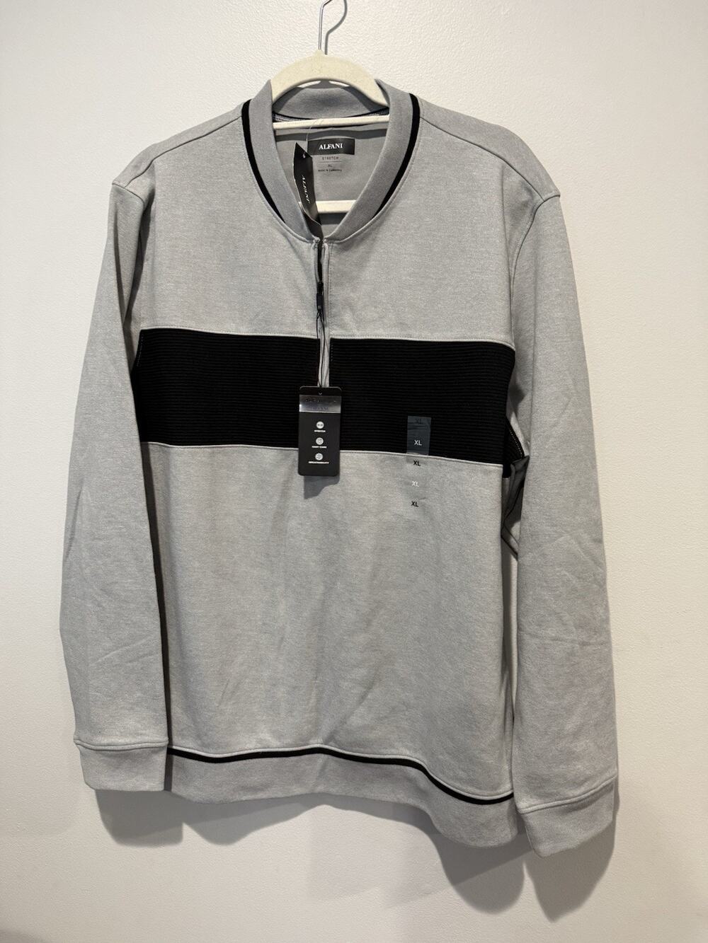 NWT Alfani Alfatech Sweater Pullover Stretch 1/4 Zip Gray Black Mens XL Crew